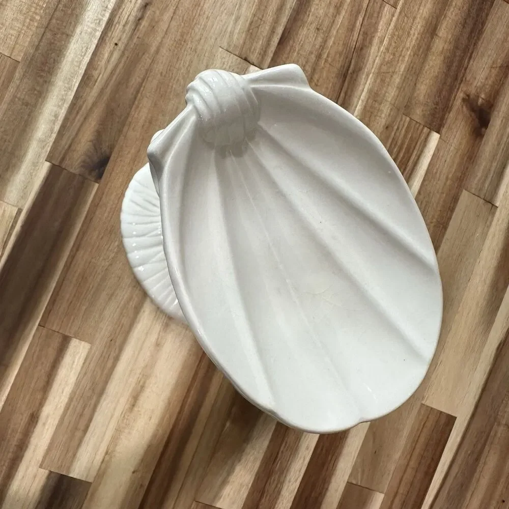 Vtg ‘60 Cherub Riding Dolphin Holding Shell Soap Dish - Holland Mold White Glaze